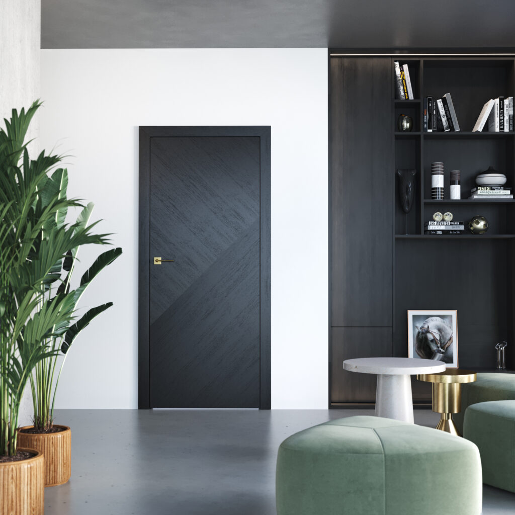 Modern living space featuring a sleek black door with a bold gold handle, creating a striking contrast that adds a touch of luxury to the minimalist design.