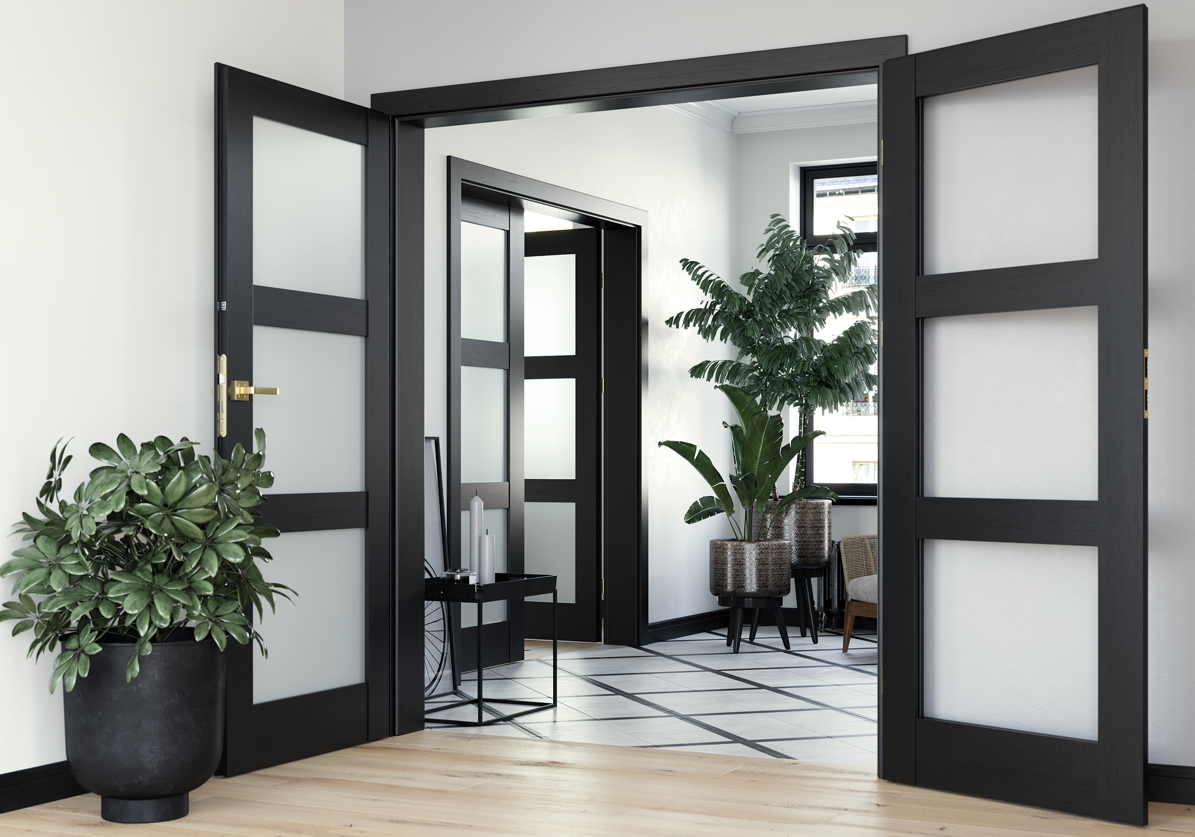 Elegant entryway featuring black-framed frosted glass doors with luxurious gold handles, creating a sophisticated contrast in a modern, interior airy space.