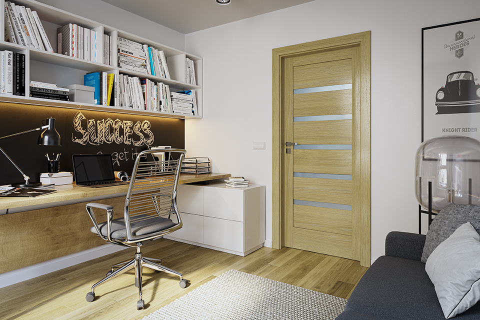 Modern home office featuring a natural wood door with sleek silver handle, adding a touch of contemporary elegance to the functional space.