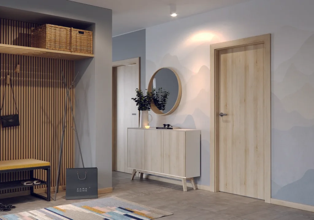 Contemporary wooden interior door with a sleek luxury handle, set in a modern hallway, highlighting high-quality craftsmanship and elegant design for a sophisticated home decor look.