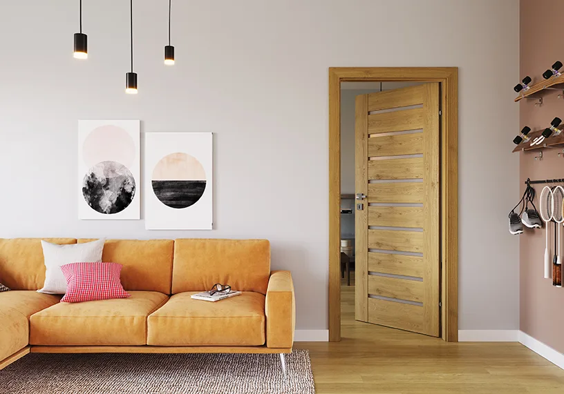 Wooden interior door with a high-quality finish and horizontal groove design, paired with a sleek handle, enhancing the modern living room's warm and stylish aesthetic.