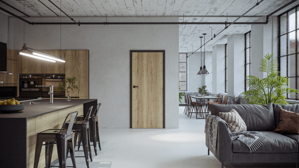 Contemporary interior featuring a sleek, matte black door handle on a natural wood door, adding a modern, minimalist touch to the open-concept space.