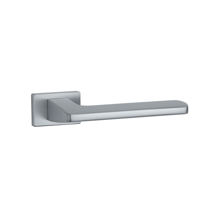 Upgrade your interiors with the Yuka luxury door handle in satin chrome, featuring a sleek rectangle rosette for a modern touch.