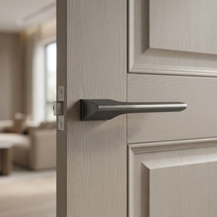 Lupina - Graphite Lupina on Hidden Rosette hidden modern internal door handles in a dark graphite finish, featuring a sharp geometric profile on a light grey timber door.