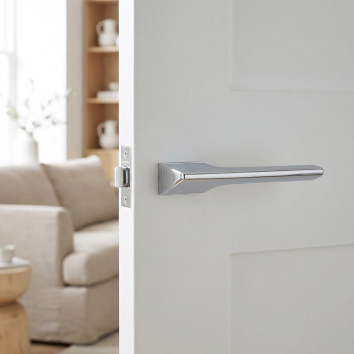 Lupina - Polished Chrome High-shine polished chrome hidden modern internal door handles from the Lupina collection, featuring a reflective mirror-like finish on a bright white door.