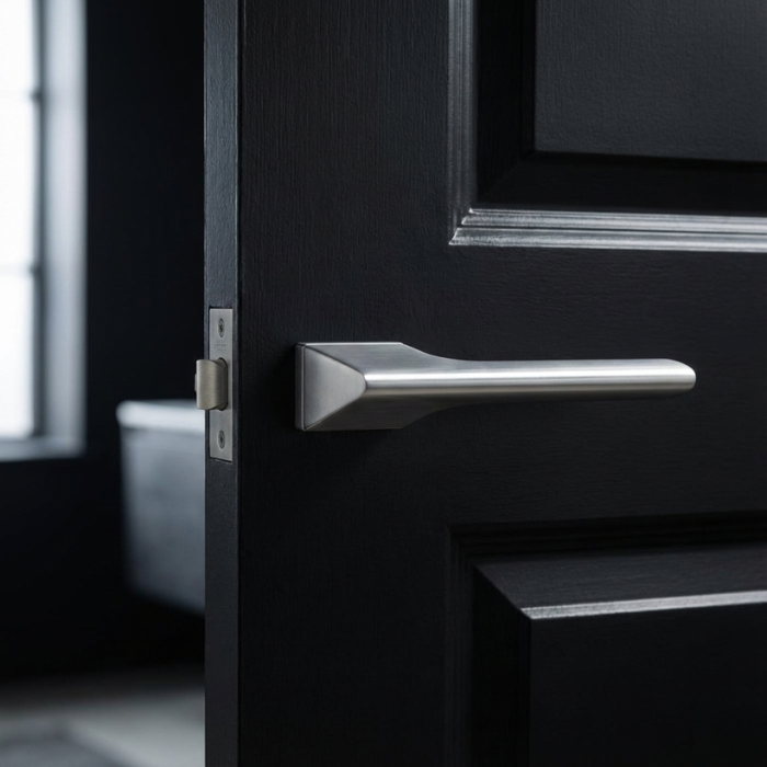 Lupina - Satin Chrome Sleek satin chrome Lupina on Hidden Rosette hidden modern internal door handles with a smooth brushed texture on a contemporary black interior door.
