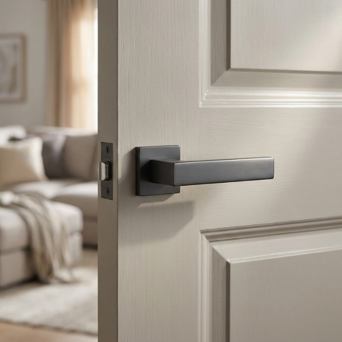 Pina - Graphite Sophisticated graphite Pina on Square Rosette elegant square internal door handles in a dark grey metallic tone on a light grey timber door.