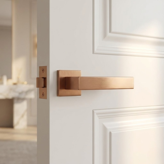 Pina - PVD Copper Pina on Square Rosette elegant square internal door handles in a unique brushed PVD copper finish, installed on a bright white paneled door.