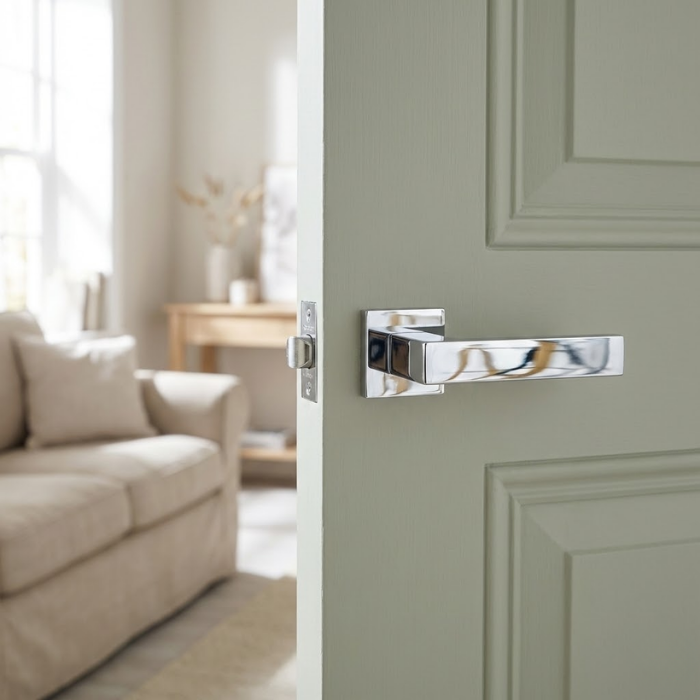Pina - Polished Chrome High-shine polished chrome Pina on Square Rosette elegant square internal door handles featuring a mirror-like finish on a light sage green door.