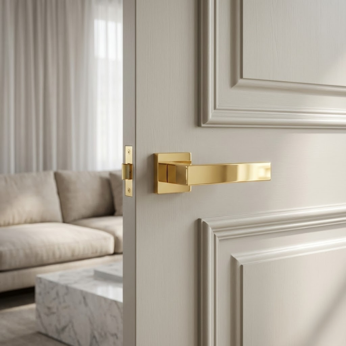 Pina - Polished Gold Luxurious polished gold elegant square internal door handles from the Pina range, mounted on a classic white interior door for a sophisticated look.