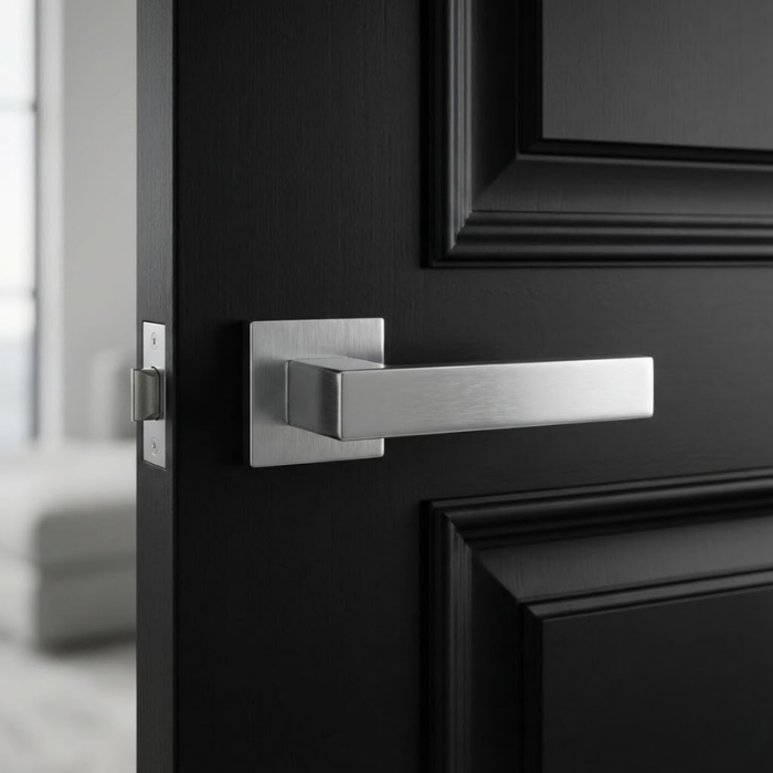 Pina - Satin Chrome Sleek satin chrome Pina on Square Rosette elegant square internal door handles with a smooth brushed texture on a modern black door.