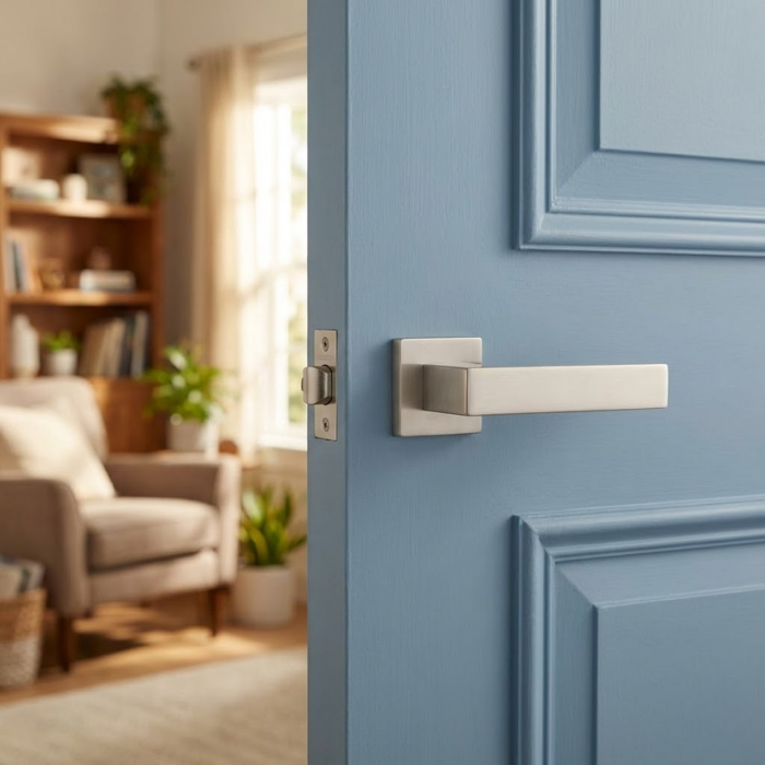 Pina - Satin Nickel Elegant square internal door handles in a warm satin nickel finish from the Pina collection, mounted on a contemporary blue interior door.