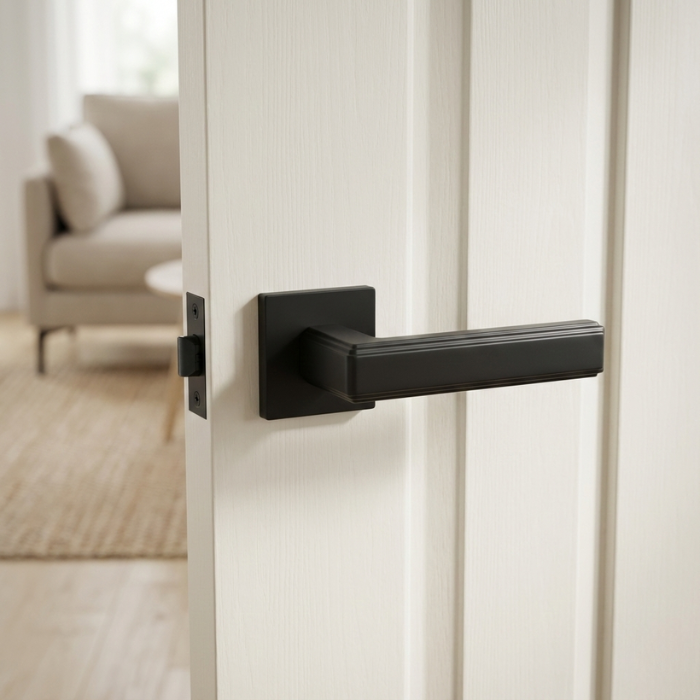 Raflesia - Matt Black Bold matt black Raflesia on Square Rosette high-end square door handles with a tactile finish, creating a modern contrast on a bright white door.