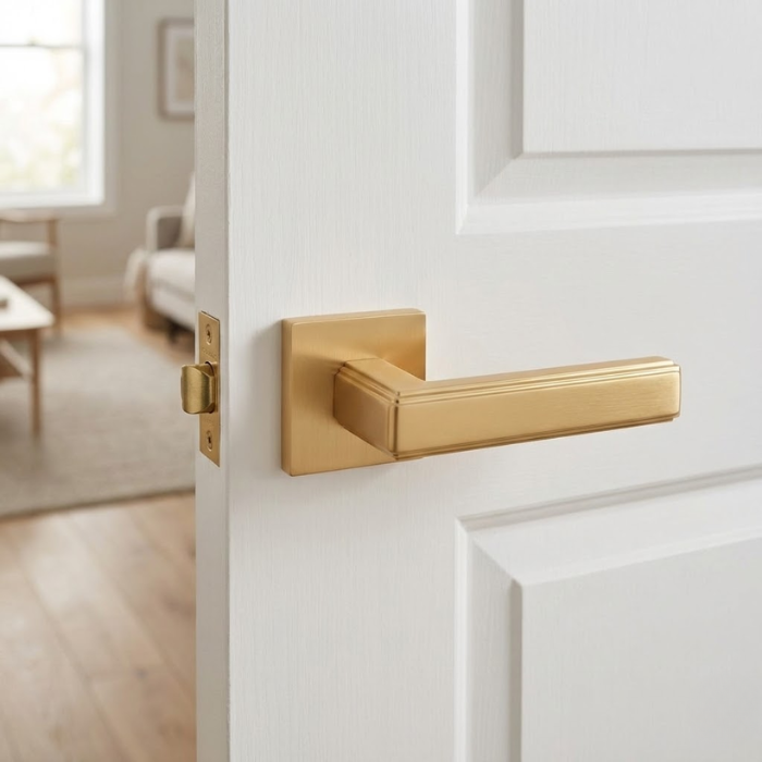 Raflesia - Matt Gold High-end square door handles in a soft matt gold finish from the Raflesia range, providing a sophisticated look on a classic white paneled door.