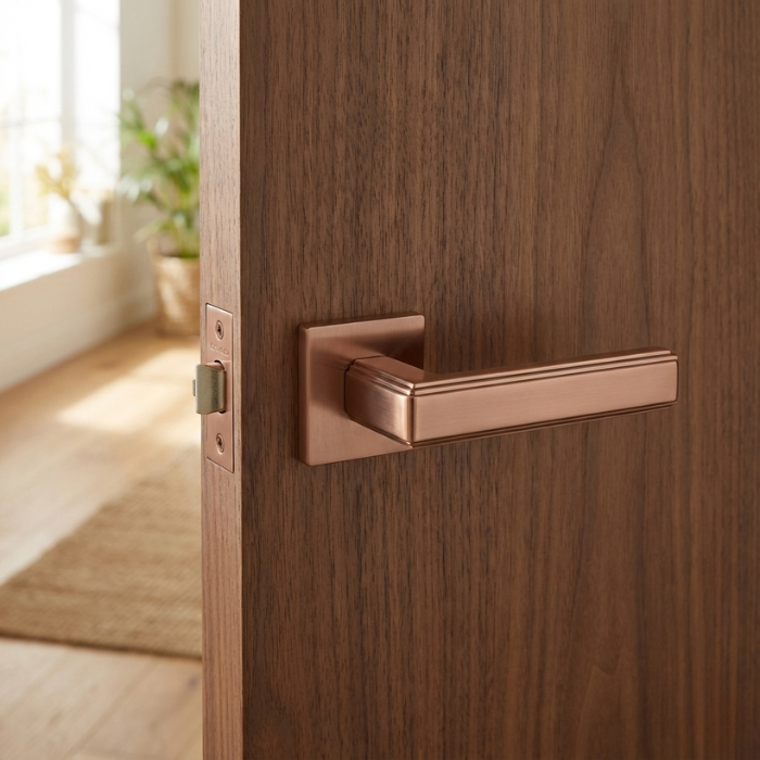 Raflesia - PVD Copper Raflesia on Square Rosette high-end square door handles featuring a rich PVD copper finish with elegant linear detailing on a natural timber door.