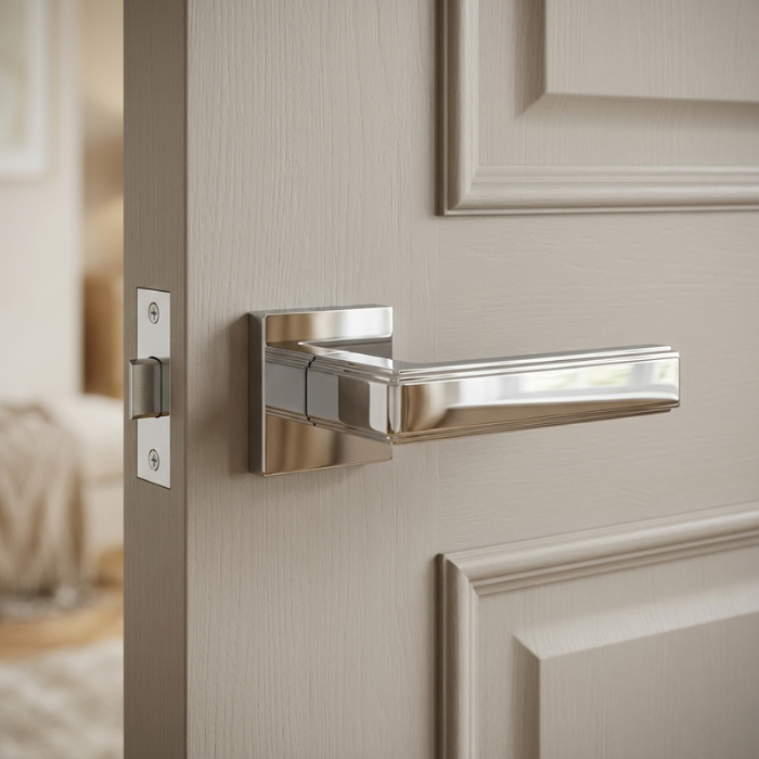 Raflesia - Polished Chrome Mirror-finish polished chrome Raflesia on Square Rosette high-end square door handles mounted on a contemporary light grey wood grain door.