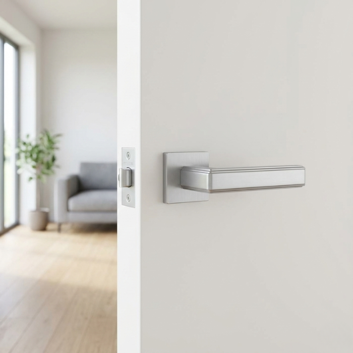 Raflesia - Satin Chrome Sleek satin chrome Raflesia on Square Rosette high-end square door handles with a smooth brushed texture, installed on a minimalist white interior door.