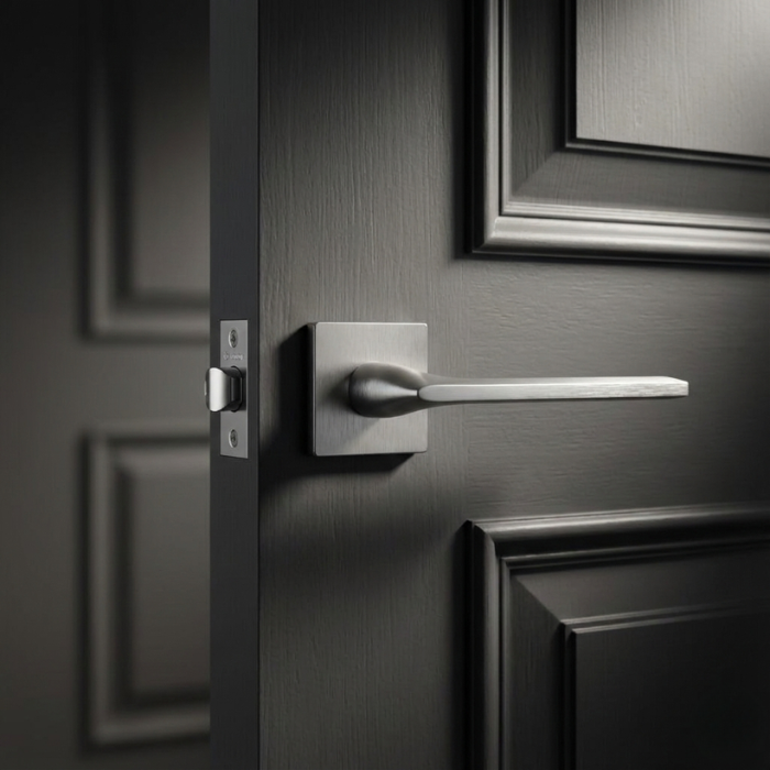 Salvia - Brushed Chrome Salvia on Square Rosette timeless square door handles in a modern brushed chrome finish, installed on a sleek dark charcoal interior door.