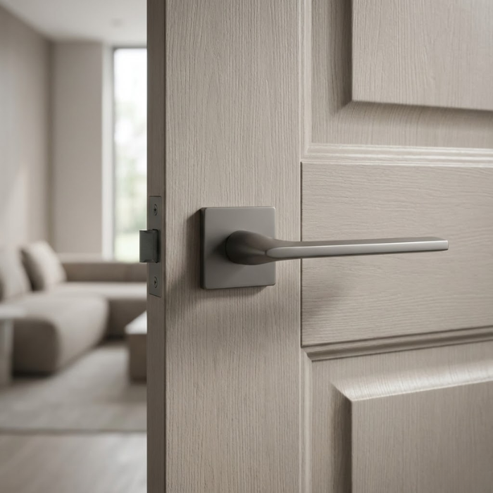Salvia - Graphite Timeless square door handles in a dark graphite finish from the Salvia on Square Rosette collection, mounted on a light grey timber door.