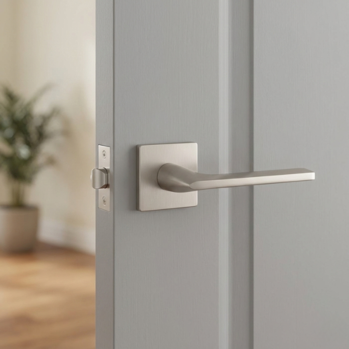 Salvia - Satin Nickel Elegant satin nickel Salvia on Square Rosette timeless square door handles with a soft metallic glow, mounted on a neutral light grey door.