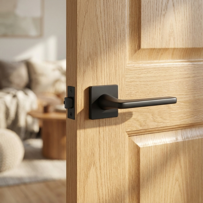 Setia - Matt Black Setia on Square Rosette classic square internal door handles in a bold matt black finish, mounted on a natural oak door for a striking modern look.