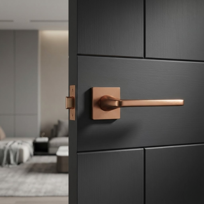 Setia - PVD Copper Setia on Square Rosette classic square internal door handles in a unique PVD copper finish, providing a warm metallic accent on a modern black door.
