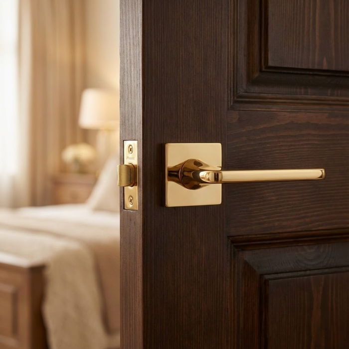Setia - Polished Gold Luxurious polished gold classic square internal door handles from the Setia range, mounted on a rich dark wood door for a sophisticated aesthetic.