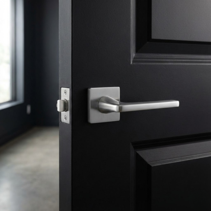 Setia - Satin Chrome Classic square internal door handles in a sleek satin chrome finish from the Setia collection, installed on a minimalist black door for a contemporary contrast.