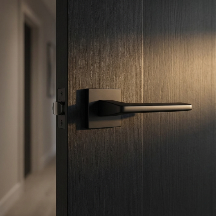 Yuka - Matt Black Yuka on Square Rosette sleek square internal door handles in a bold matt black finish, providing a modern accent on a dark timber door.