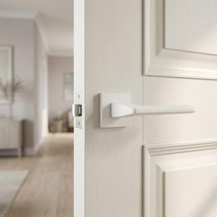 Yuka - Matt White Contemporary matt white Yuka on Square Rosette sleek square internal door handles installed on a bright, off-white paneled door.