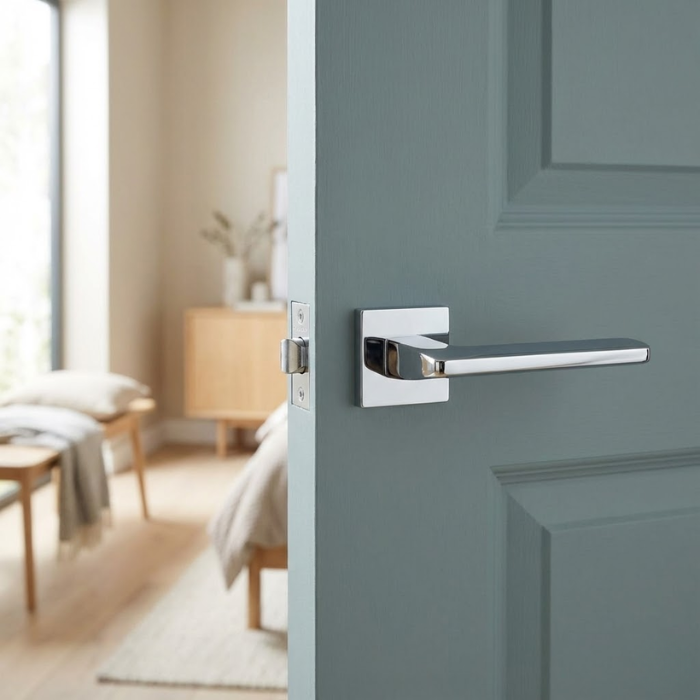 Yuka - Polished Chrome Yuka on Square Rosette sleek square internal door handles in a mirror-like polished chrome finish, mounted on a contemporary blue-grey door.