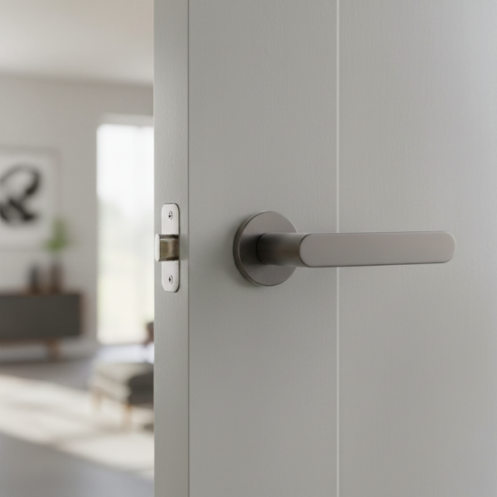 Alora - Graphite Elegant internal door handles featuring the Alora lever on a round rosette in a smooth graphite finish, shown on a contemporary painted internal door.