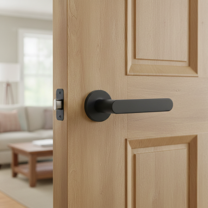 Alora - Matt Black Elegant internal door handles with the Alora lever on a round rosette in a matt black finish, adding a modern contrast to a light interior door.