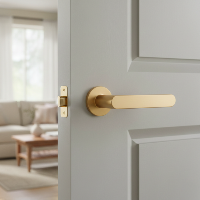 Alora - Matt Gold Elegant internal door handles showcasing the Alora lever on a round rosette in a matt gold finish, installed on a softly painted interior door.