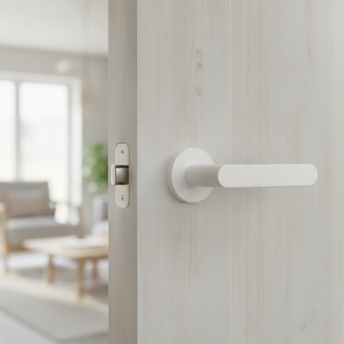 Alora - Matt White Elegant internal door handles with the Alora lever on a round rosette in a matt white finish, blending seamlessly with a light timber internal door.