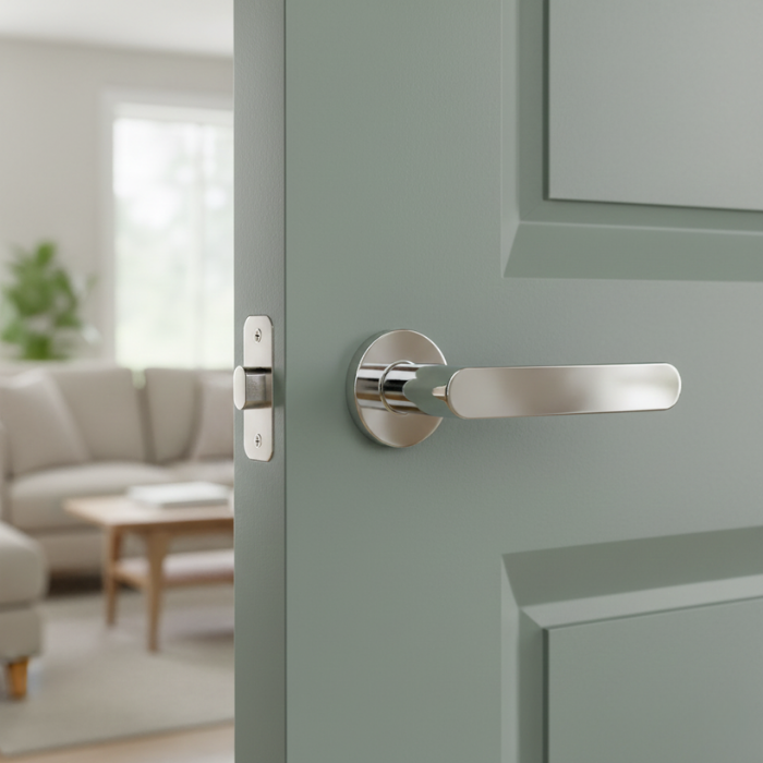 Alora - Polished Chrome Elegant internal door handles displaying the Alora lever on a round rosette in polished chrome, reflecting light within a modern interior setting.