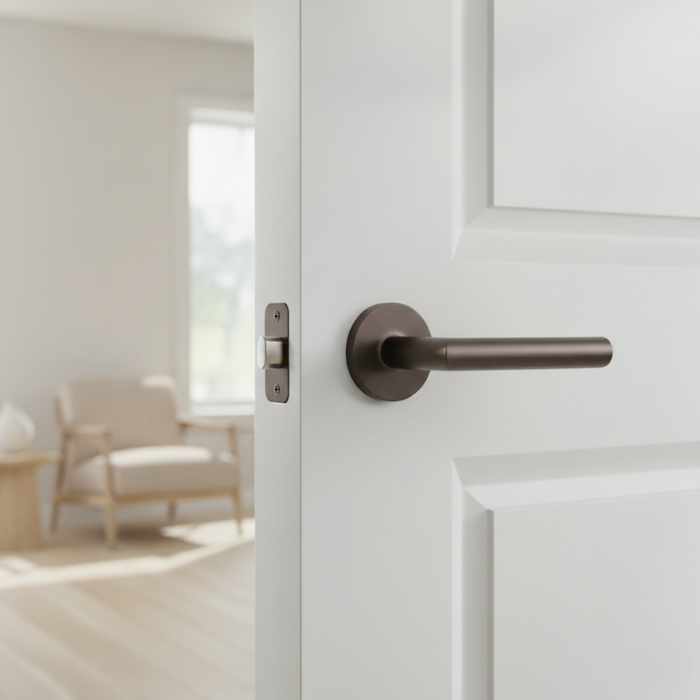 Arabis - R - Brown Sleek door handles for internal doors showcasing the Arabis on Round Rosette in a brown finish, paired with a contemporary interior setting.