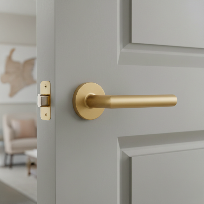 Arabis - R - Matt Gold Sleek door handles for internal doors displaying the Arabis on Round Rosette in a matt gold finish, adding a refined touch to a modern interior.