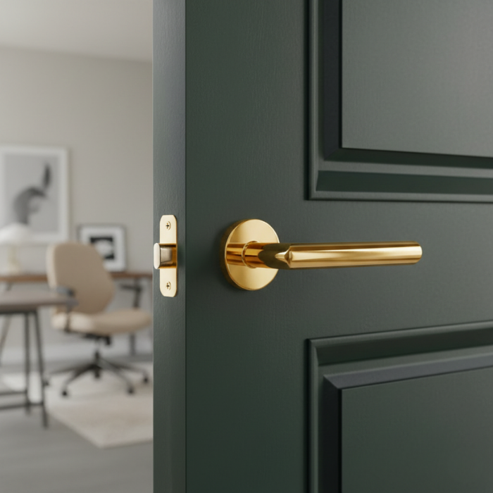 Arabis - R - PVD Gold Sleek door handles for internal doors showcasing the Arabis on Round Rosette in a PVD gold finish, delivering a premium and elegant interior detail.