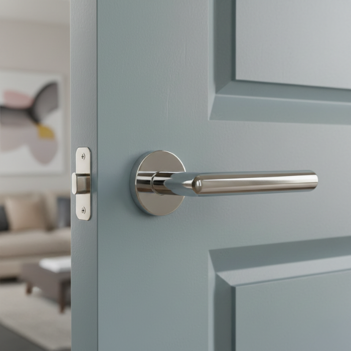 Arabis - R - Polished Chrome Sleek door handles for internal doors with the Arabis on Round Rosette in a polished chrome finish, offering a bright, modern aesthetic.