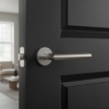Sleek door handles for internal doors featuring the Arabis on Round Rosette design in a satin chrome finish, shown on a modern interior door.