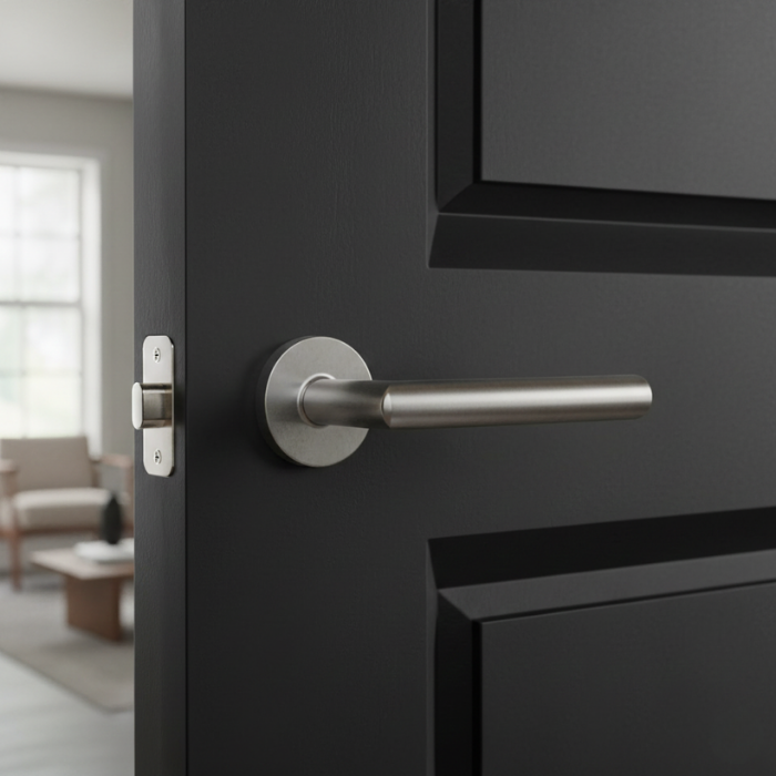 Arabis - R - Satin Chrome Sleek door handles for internal doors featuring the Arabis on Round Rosette design in a satin chrome finish, shown on a modern interior door.