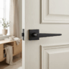 Arnica on Square Rosette in matt black finish, a sleek premium internal door handle on a classic panelled door.