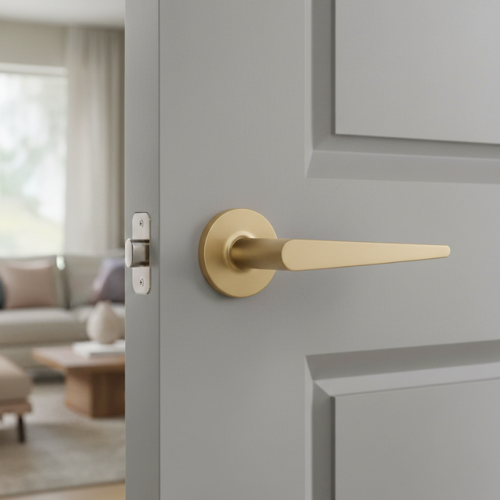 Arnica - R - Matt Gold Luxury internal door handles – Arnica on Round Rosette in matt gold, featuring a refined modern lever