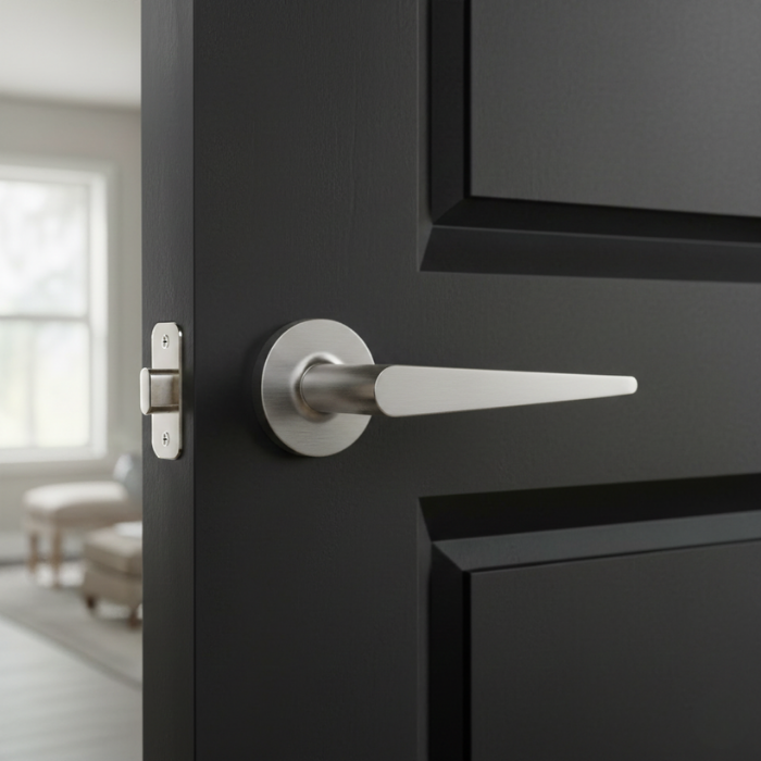 Arnica - R - Satin Chrome Luxury internal door handles – Arnica on Round Rosette in satin chrome with a soft brushed appearance