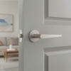 Luxury internal door handles – Arnica on Round Rosette in satin nickel offering understated modern elegance