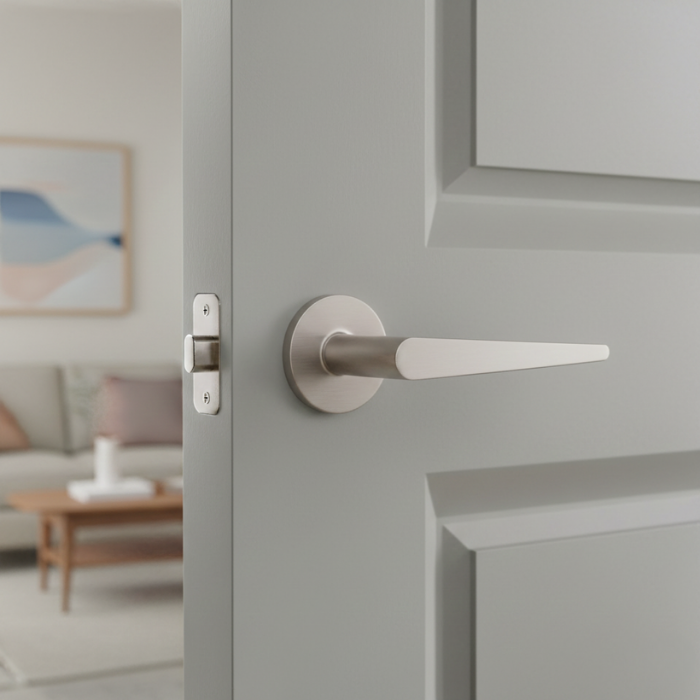 Arnica - R - Satin Nickel Luxury internal door handles – Arnica on Round Rosette in satin nickel offering understated modern elegance