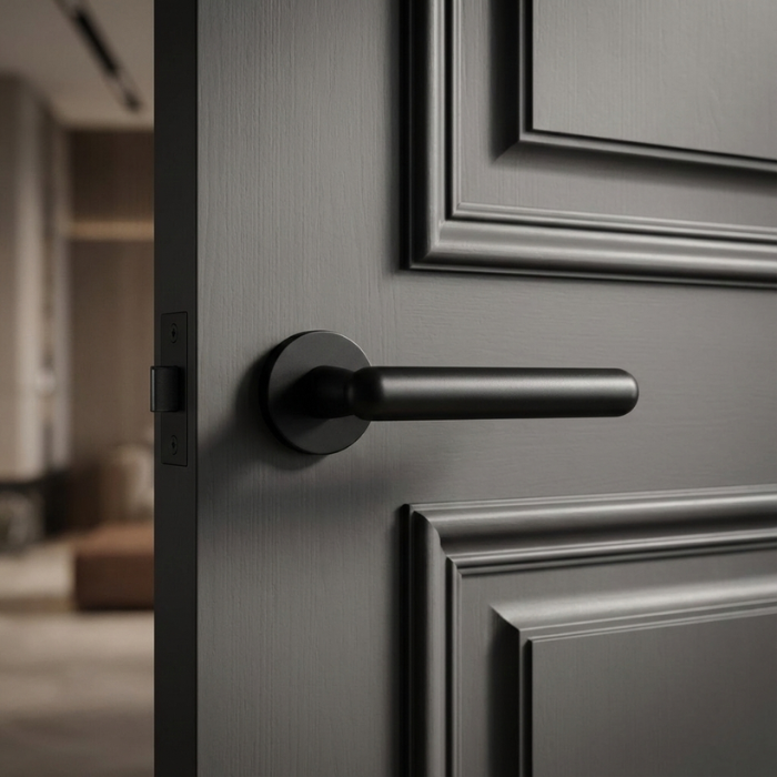 Asteria - Matt Black Asteria on Round Rosette in matt black, a sleek example of versatile classic door handles on a dark panelled door.