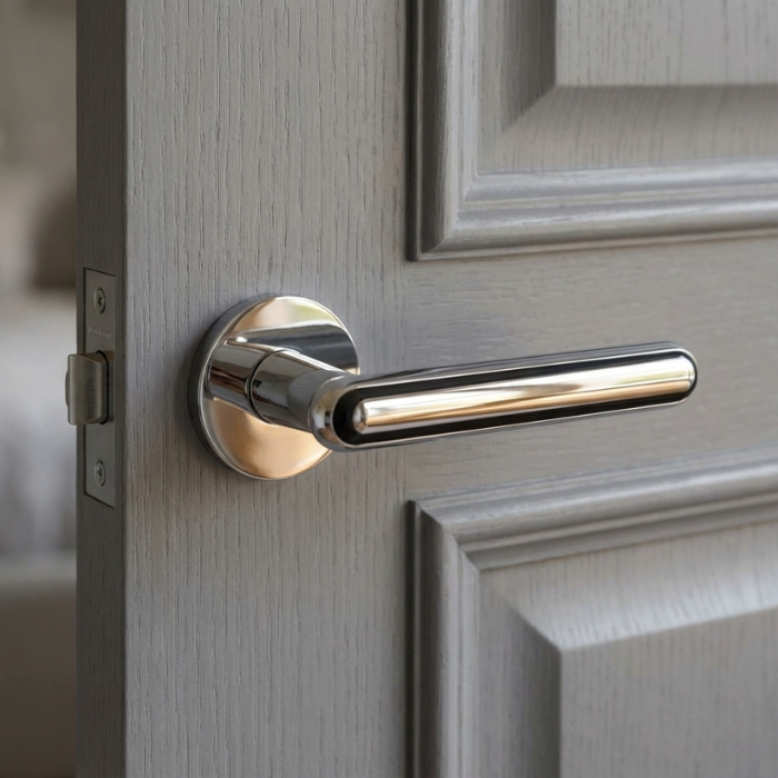 Asteria - Polished Chrome Asteria on Round Rosette in polished chrome, a reflective versatile classic door handle fitted to a grey internal door.