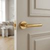 Asteria on Round Rosette in polished gold, a bright versatile classic door handle on a light neutral interior door.